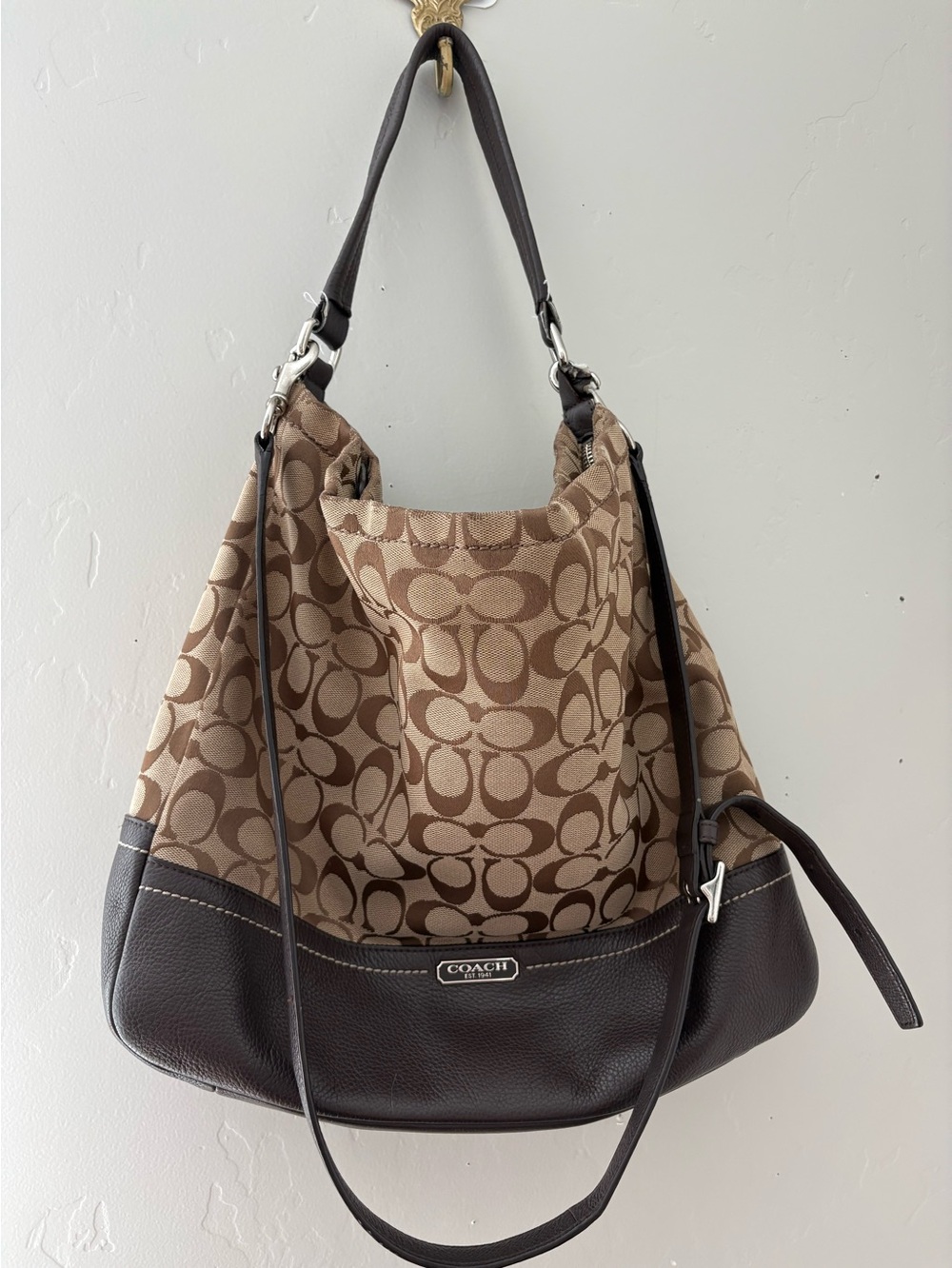 Coach Signature Canvas Crossbody Bag Brown Black Leather Trim Adjustable Strap